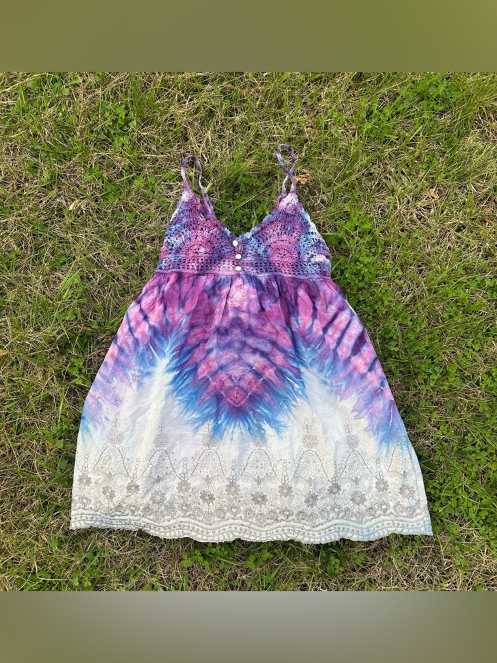 Y2K Babydoll Glitter Fairy Tye Dye Crochet Lace Boho Top Ultra Pink Medium